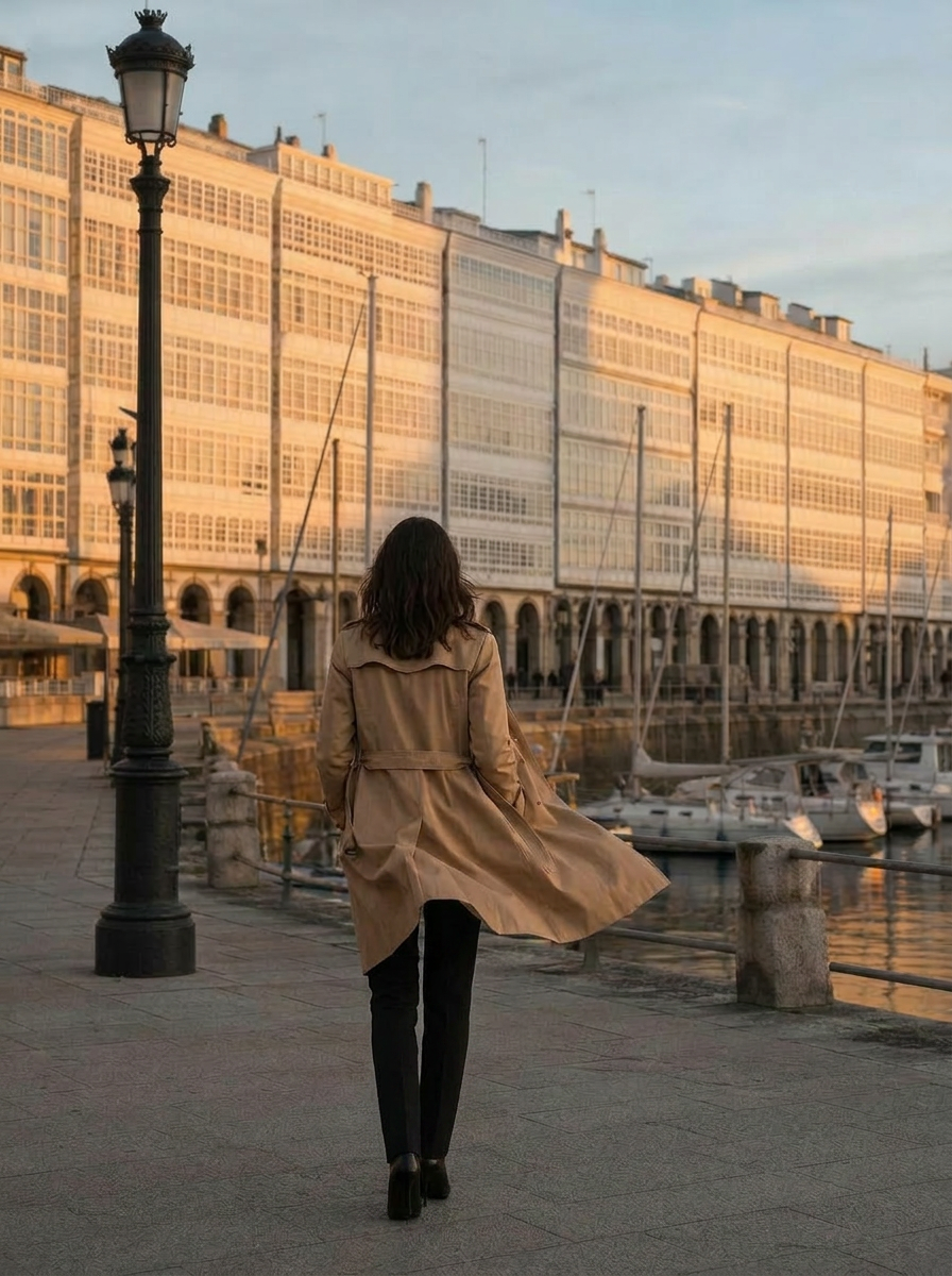 Agente inmobiliaria frente a las Galerías de la Marina, A Coruña